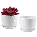 MyGift White Ceramic Small Plant Pot with Drainage Hole and Decorative Sunburst Design, 5 Inch Round Succulent Planters with Attached Saucers, Set of 2
