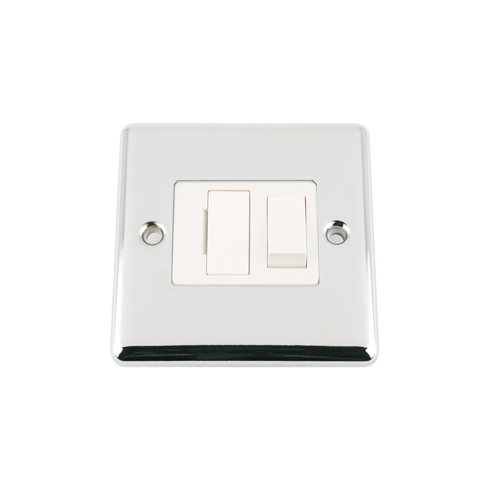 Fused Switch - Polished Chrome - Classic - White Insert Plastic Switch - 13 Amp Switched Fused Spur Unit