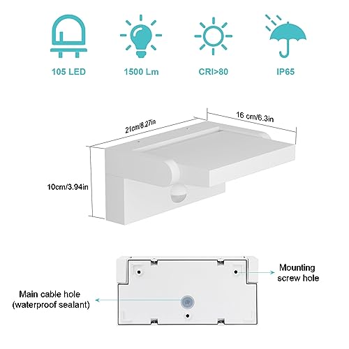 Klighten 24W LED Outdoor Wall Light with Motion Sensor 6000K, White | IP65 Waterproof, Rotary, Outdoor Lighting Aluminium, 1500 Lumen Cool White Light, for Entrance Garden