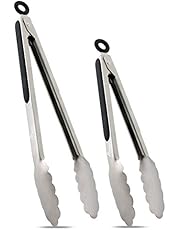 Hotec Stainless Steel Kitchen Tongs Set of 2 - 9" and 12", Locking Metal Food Tongs Non-Slip Grip (Black)