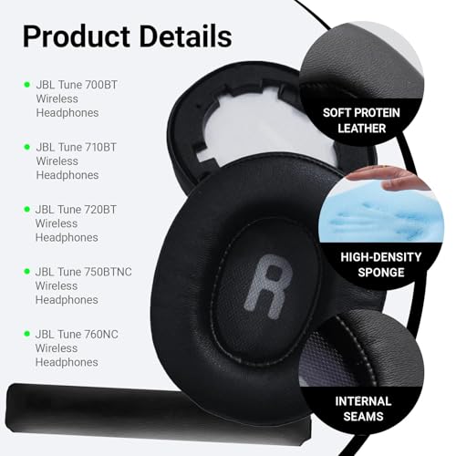 1 Pair Headphone Earpads and 1 Headband for JBL Tune 700(700BT)/710(710BT)/720(720BT)/750(750BT,750BTNC), 760(760NC), with Phonic Insulation Foam (Black)