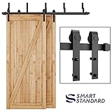 SMARTSTANDARD 6.6FT Bypass Double Door Sliding Barn Door Hardware (Black) (J Shape Hangers) (2 x 6.6 foot Rail)