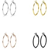 Newless 4 Pairs Large Hoop Earrings for Women, Stainless Steel Earring Set Gold Silver Rose Gold Black Lightweight Hoops