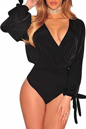 Elisan Womens Flowing Sequins V Neck Sexy Faux Wrap Cut Out Sleeves Bodysuit Tops Clubwear