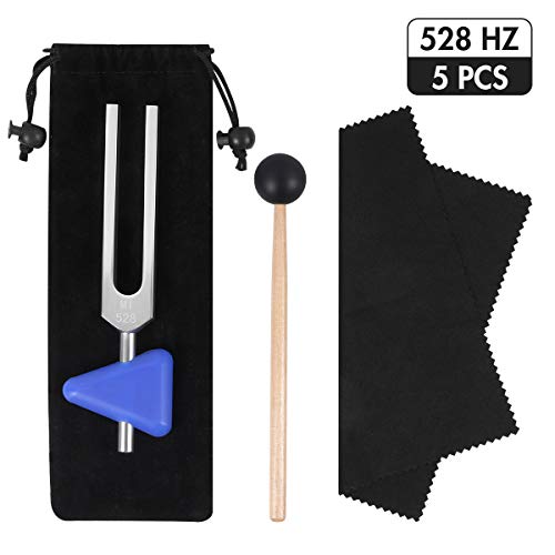 Tuning Forks Set 5 Pcs - 528 Hz Crystal Tuning Fork with Blue Triangular Silica Gel, Reflex Silicone Hammer Striker, Micro-Fiber Cleaning Cloth, Drawstring Pouch, 528 MI for DNA Repair Healing