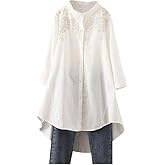 Minibee Women's Cotton Linen Shirt High Low Button Down Embroidered Blouse Long Sleeve Tunic Tops