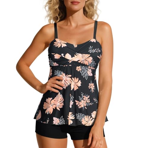 Century Star 2024 Two Piece Womens Tankini Swimsuits Modest Tankini Bathing Suit Tops with Shorts Tummy Control Swimwear Pink Printing 14-16 at Amazon