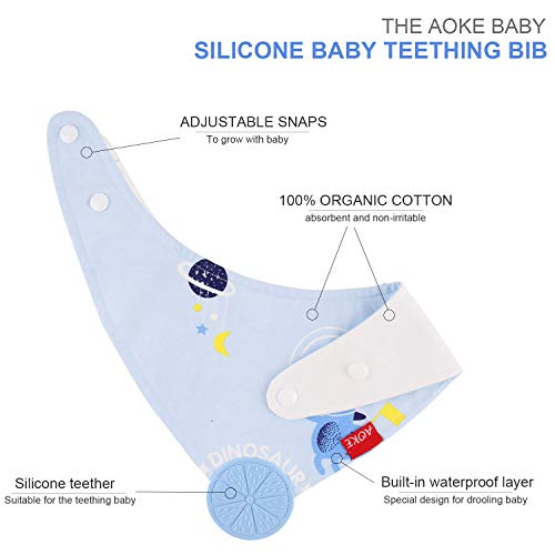 Teething Bib, AOKE Baby Bandana Drool Bibs and Teether Toys Made with 100% Organic Cotton for Boys and Girls, Super Absorbent Hypoallergenic Bibs Baby Shower Gift (3PACK)