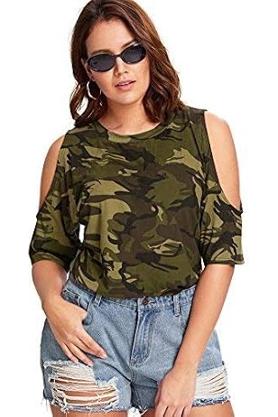 Camo Cold Shoulder Short Sleeve T Shirt 