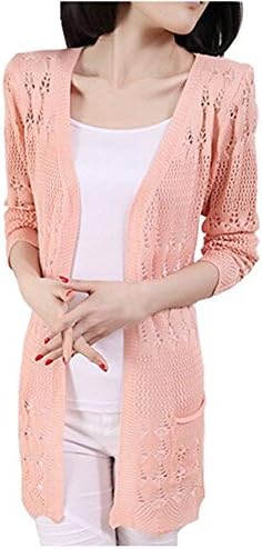 Meditative Rose Womens Spring Summer Thin Crochet Knitted Front Cardigan Pocket Sweater (pink)
