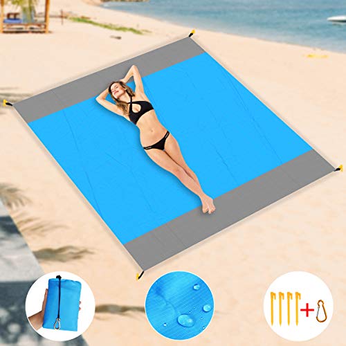 Aitbay Sand Free Beach Blanket, Waterproof Blanket Mat – Quick Drying Compact Sand Proof Outdoor Picnic Beach Mat for Travel, Hiking, Camping, Music Festival with Storage Bag + 4 Stakes (82″×79″)