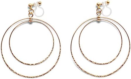 Dangle Textured Metallic Double Gold Hoop Invisible Clip On Earrings for Non Pierced Ears by Miyabi Grace