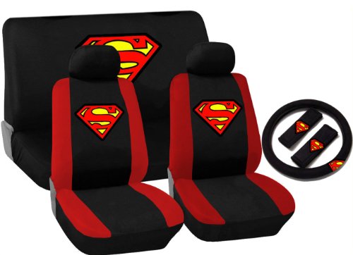 Click Here to See More Images 11 Piece Auto Interior Gift Set - SUPERMAN Logo - 2 Front Seat Covers (2 Front and 2 Bottom), 2 Headrest Covers, 2 Seat Belt Shoulder Pads, 1 Steering Wheel Cover, 1 Bench Seat Cover (1 Top and 1 Bottom)