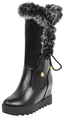 Mofri Women's Sweet Fluffy Fur Bow Splicing Round Toe Invisible Wedge High Heel Platform Pull on Mid Calf Snow Boots (Black, 5 B(M) US)