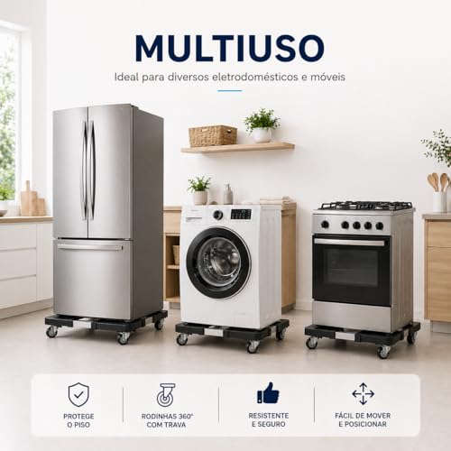 Suporte Movel Ajustavel com Rodinhas para Eletrodomesticos ate 138kg Base Multiuso para Geladeira Fogao Maquina de Lavar Estrutura Reforcada 41 a 68cm