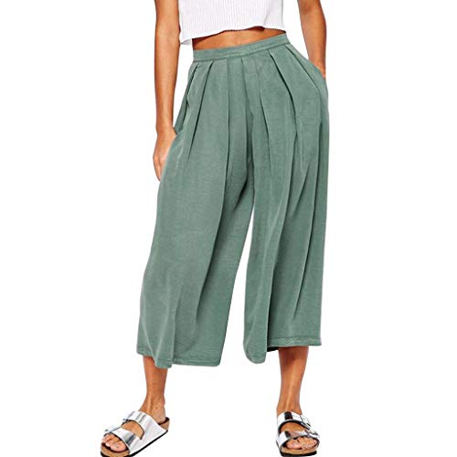 Pongfunsy Women Linen Pants, Ladies Fashion Solid Color Pants Basic Fold Cotton and Loose Calf-Length Vintage Trousers Green