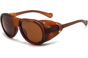 Retro Aviator Steampunk Polarized Sunglasses with Leather Side Shield Vintage Gothic Eyewear for Men Women