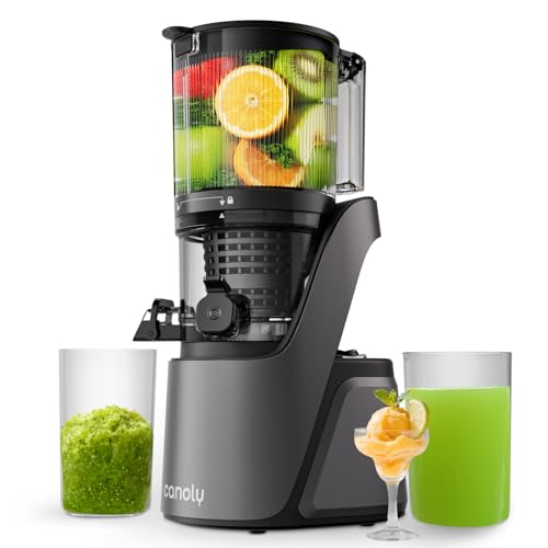 Canoly Exprimidor de prensa en frío con orificio de llenado extra ancho de 150 mm, doble filtro (para zumo y sorbete), potente motor AC sin escobillas, sistema de auto-precorte, fácil de limpiar con