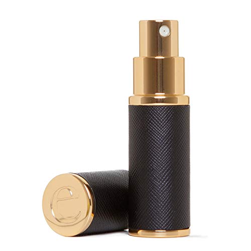 The Essential Atomizer Co. Saffiano Black Leather Perfume Refillable Travel Atomiser - Boxed (Black with Gold Metal Original)