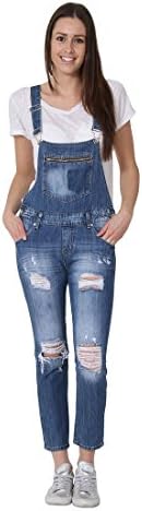 Womens Bib Overalls - Regular Fit 3/4 length Destroyed Denim Floral pattern bib