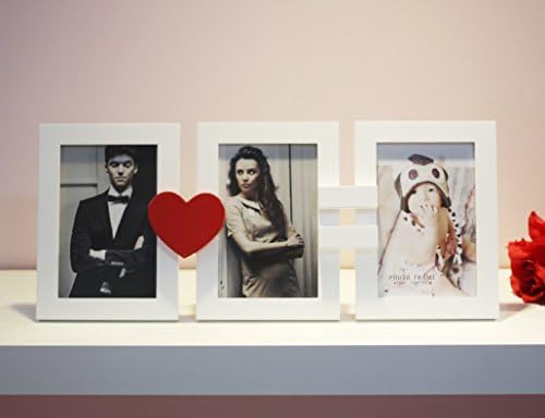 3 Openings Collage, Wooden Frame in White and Red Heart. The Perfect Way To Say I Love You On Mothers Day. Wall Hanging Collage 3 Opening Frames, Size 4x6