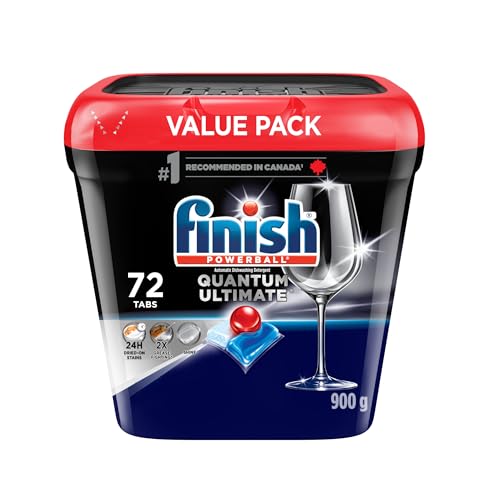 Finish Quantum Ultimate Dishwasher Detergent Pods, 3-Chamber Formula with Powerball, 2X Grease Fighting*, 24H Dried-On Stains, Deep Clean, Virtually Spotless Shine, No Pre-Rinse, 72 Tabs