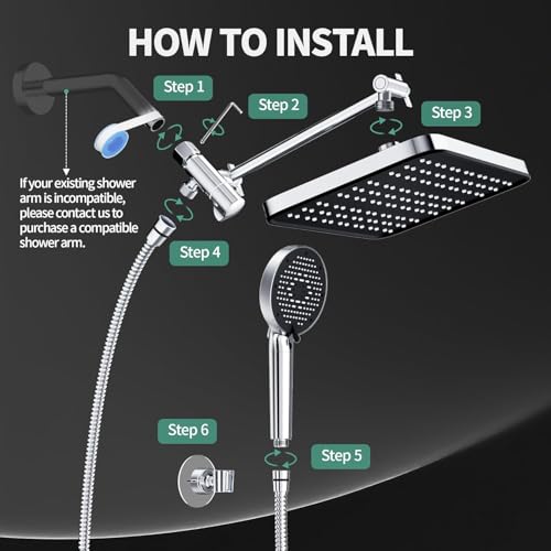 12 Inch Wide Rain Shower Head with Filtered Handheld Combo, High Pressure Rainfall Shower Head, 9 Spray Modes Handheld with 9-Inch Extension Arm, Comes with Filter Removes Chlorine (Chrome)