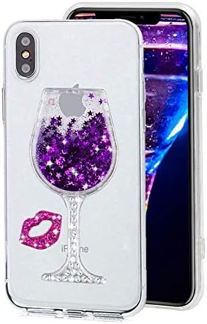 Cestor Liquid Glitter Case for iPhone XS Max Purple, 3D Bling Diamond Wine Glass with Sexy Red Lips Design Soft TPU Silicone Crystal Clear Protective Case for iPhone XS Max + Ring Holder Kickstand