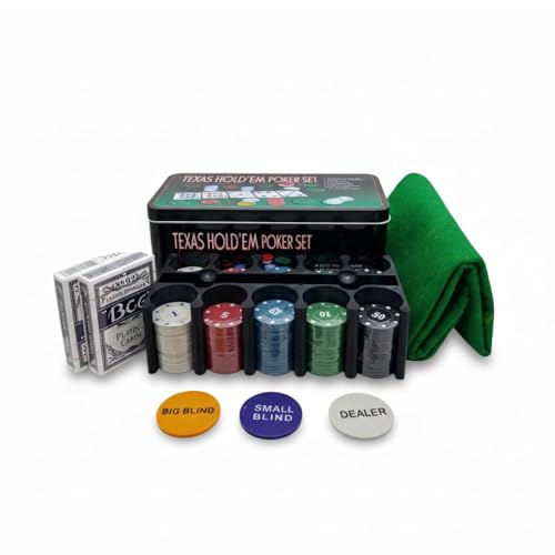 Jogo de Poker 200 Fichas Cartas de Baralho, Maleta Metálica, Fichas de Dealer e Blind, Conjunto Completo para Jogos