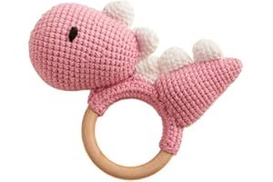 Chippi & Co Crochet Baby Rattle, Crochet Baby Toys, Stuffed Baby Doll, Organic Wooden Newborn Toys, Knitted Stuffed Animals for Boy, Girl, Mom and Dad Gifts for New Parents (Didi The Pink Dinosaur)
