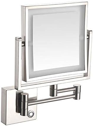 LSYOA 8in Wall Mounted Beauty Mirror, LED Bathroom Mirrors 360° Swivel Double-Sided Folding Makeup Mirror Square Adjustable Light,Nickel Brushed_3X