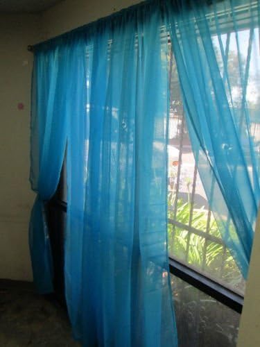 MONAGIFTS TWO PANELS 55 WIDE X 63" LENGTH TURQUOISE BLUE AQUA 2 Piece Solid SHEER PANEL with ROD POCKET - Window Curtain Treatment 63" short