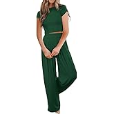 Ezbelle Summer Lounge Sets Women's Short Sleeve Pjs Crop Shirt Knit Pajama Set 2 Piece Outfits Long Pants Tracksuit