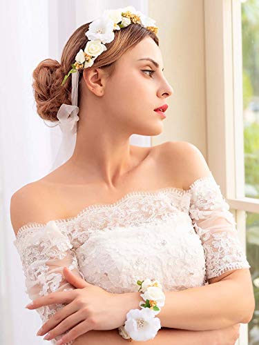 Barogirl Flower Crown Pack Boho Floral Garland Bracelet with Ribbon Hair Wreath Headband for Brides and Bridesmaids