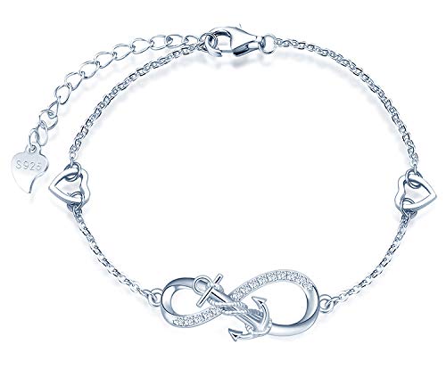 MicLee Woman's girl's Bracelet, 925 Sterling Silver bracelet, Anchor and infinity symbol bracelet, with mini hollow heart, Inlaid zircon, adjustable chain, design of Ocean theme