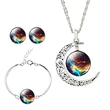 Women's Fantastic Twinkle Rainbow Galaxy Planet Earth Curve Moon Gem Necklace Bangle Earrings Set