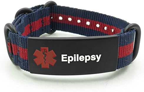 IDtagged Epilepsy Navy and Red Adjustable Nylon Nato Medical Alert ID Bracelet w/ Matte Black Stainless Steel Tag