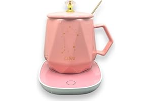 RedRoko Zodiac Sign Star Self Heating Coffee Mug - Astrology Coffee Mugs, Constellation, Astrology Zodiac Signs, Coffee Warmer Mug, Ceramic Coffee Mug with Hot Plate, Spoon & Lid - Libra - Pink