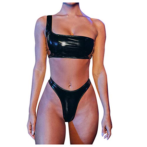 Mlide Sexy Bikini for Womens Two Piece Swimsuit One Shoulder Swimwear High Waist Thong Beachwear Suit Black