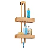 mDesign Modern Bamboo Wood Over The Shower Door Bathroom Caddy, Hanging Storage Organizer Center with Baskets on 2 Levels for Bathroom Shower Stalls, Bathtubs - Natural Wood Finish