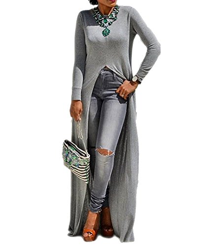 Inital Women's Long Sleeve High Slit Sexy Long Maxi Tshirt Dress Grey Plus Size