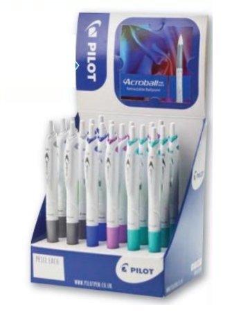 Pilot Acroball Retractable Ballpoint pen display unit of 20 pens in 4 assorted colours (black blue green violet/purple)