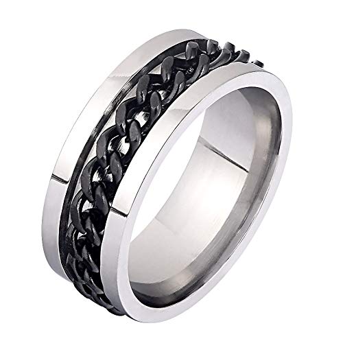 Men Titanium Steel Chain Rings Biker Grooved Edge 8mm Width Black Size 11 - Thumbnail 5