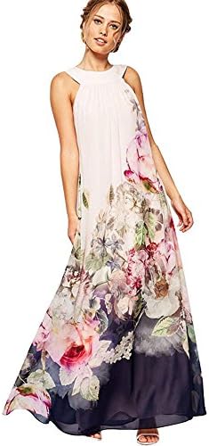 Sokmoop Women Casual Fit Loose Long Skirt, Flare Floral Printed Sleeveless Dress (S-XL)