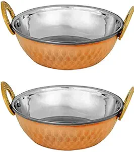 Zap Impex Indian Serving Bowl Copper Stainless Steel Hammered Karahi Indian Dishes Serve Ware for Vegetable and Curries (17 cm) Set of 2