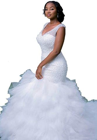 Kimbridal Sexy V Neck Beaded Tulle Ruffles Mermaid Wedding Dresses for Brides