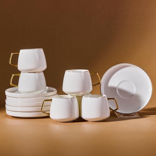 KARACA Saturn Gold Turkish Coffee Cup Set for 6 People, 12 Piece Espresso Cups with Saucers, Small Porcelain Modern Set for Serving Greek, Arabic Coffee (100ml)