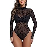 Passec Womens Sheer Mesh Long Sleeve Bodysuit Mock Turtle Neck See Through Lace Leotards Geo Print Body Suit Tops