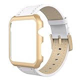 Simpeak Apple Watch Band with Case 42mm, Genuine Leather iWatch Band Replacement Strap with Metal Apple Watch Case for 42 mm Apple Watch Series 3 Series 2 Series 1, White/Gold
