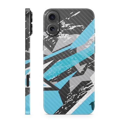 Carbon Fiber Phone Skin Compatible with Apple iPhone 16 Plus - Grunge Cyan - Pr…